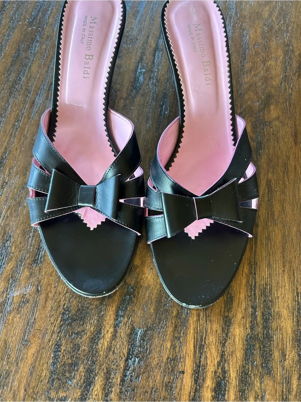 Massimo Baldi VTG Y2K Black & Pink Coquette Bow Open Toe Kitten Heels Fairycore